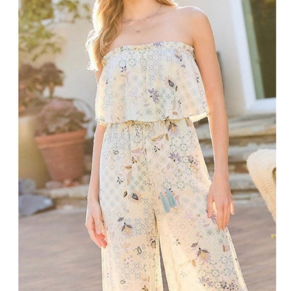 Tube Top With Tier Ruffle Waist Elastic Bottom Lace Trim Jumpsuit